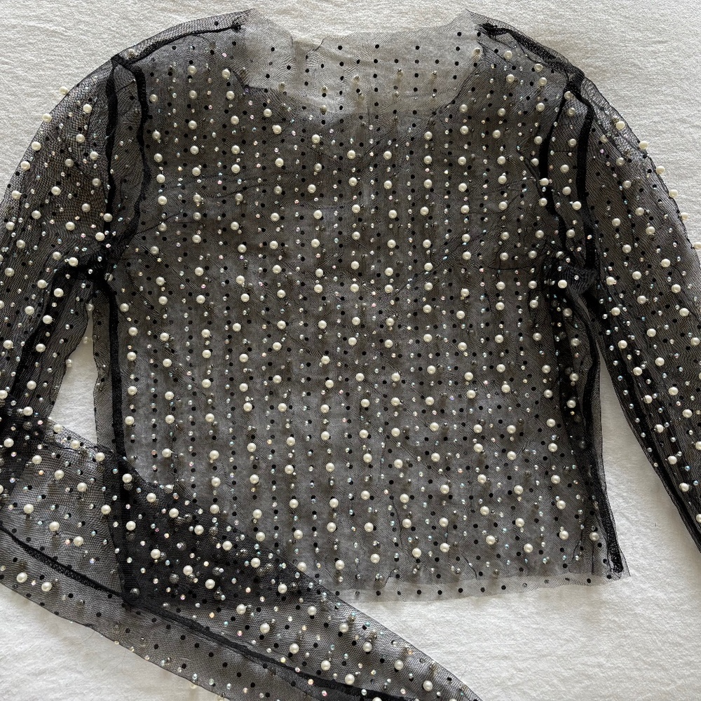 NWOT Pearl and Rhinestone Sheer Top